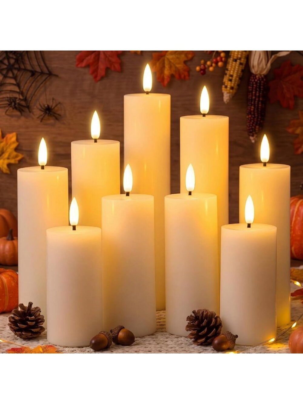 Set of 9 Flameless Halloween Pillar Candles with Remote & Timer - 4-9 Inch